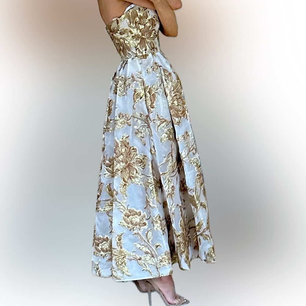 Mac Duggal Gold Strapless Brocade Midi Dress with Pockets - Picture 2 of 5